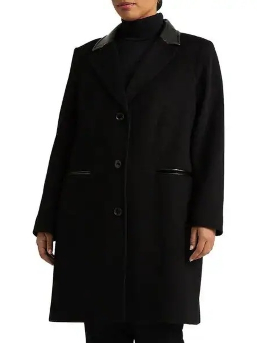 Lauren Ralph Wool Lauren Black Single-Breasted Pea Coat with Leather Trim Size 0